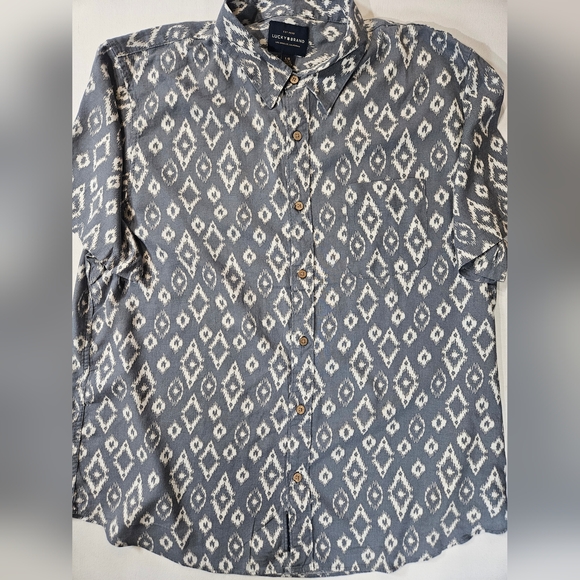 Lucky Brand Mens Button Down Shirt Large Grey White Geometric Casual Comfort‎ - Picture 1 of 8